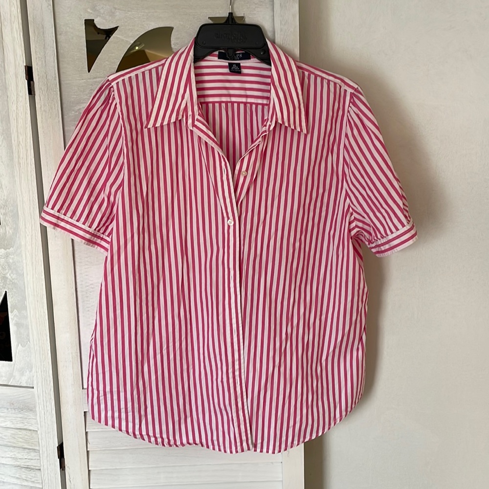 Pink and White Striped Chaps Short Sleeve Blouse